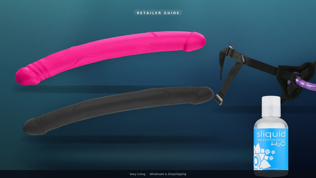Double-ended dildos retailer lineup: Dorcel Real Double Do pink and black, strap-on kit, and Sliquid H2O on teal to navy