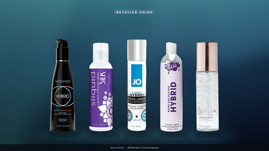 Premium floating lineup of hybrid lubricants for Sexy Living retailers: Wicked Hybrid, Sliquid Silk, JO Classic Hybrid, Wet Hybrid, and CG Woo Hoo