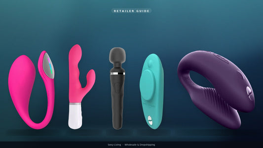 Interactive sex toys retailer lineup: Lovense Lush 4, Nora, Domi 2, We-Vibe Moxie+, and Chorus on teal to navy