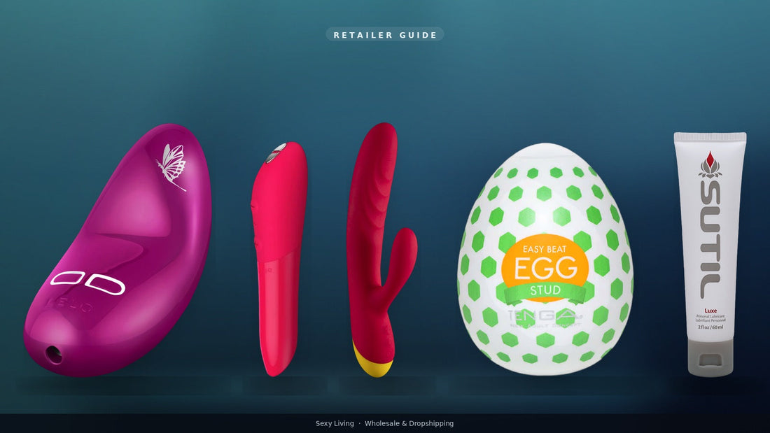 Multi-brand retailer lineup: LELO Nea 2, We-Vibe Tango X, ROMP Jazz, TENGA Egg Stud, and SUTIL Luxe