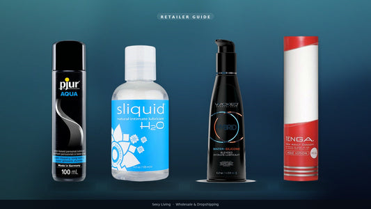 Lubricants retailer guide floating lineup: Pjur Aqua, Sliquid H2O, Wicked Hybrid, Tenga Hole Lotion