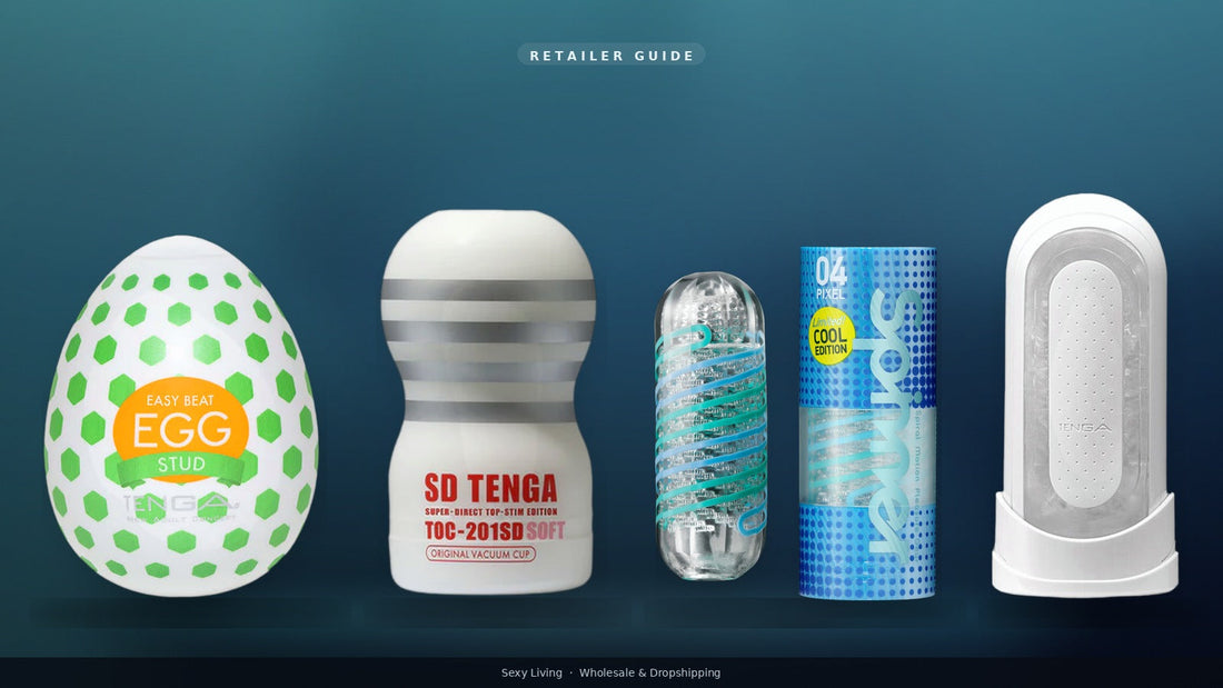 Male masturbators retailer guide floating lineup: TENGA Egg, Cup, Spinner, Flip