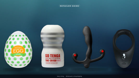 Retailer guide lineup: TENGA Egg Stud, SD Vacuum Cup, Aneros Helix Syn V, We-Vibe Bond on teal to navy