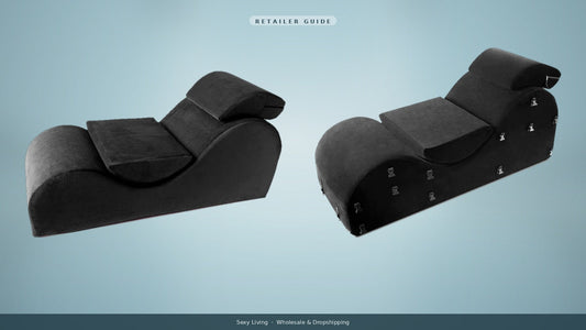 Retailer guide lineup: Liberator Esse Microvelvet and Black Label Esse intimacy chaises on light studio background