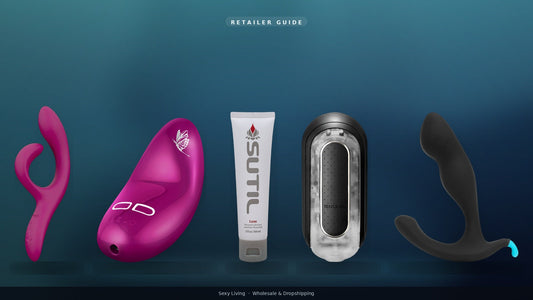 Floating lineup of We-Vibe Nova 2 Fuchsia, LELO Nea 2 Deep Rose, SUTIL Luxe lubricant, TENGA Flip Zero Black, and b-Vibe Rocker Plug on a teal-to-navy backdrop